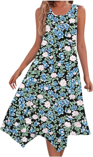 Women's Beach Sleeveless Midi Dress Summer Casual Tank Dresses Floral Print Loose A-Line Tank Sundress with Pockets