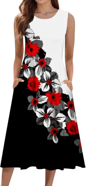 Womens Boho Dresses Women's Summer Tank Midi Dress with Pockets Sleeveless A Line Dress Casual Floral T Shirt