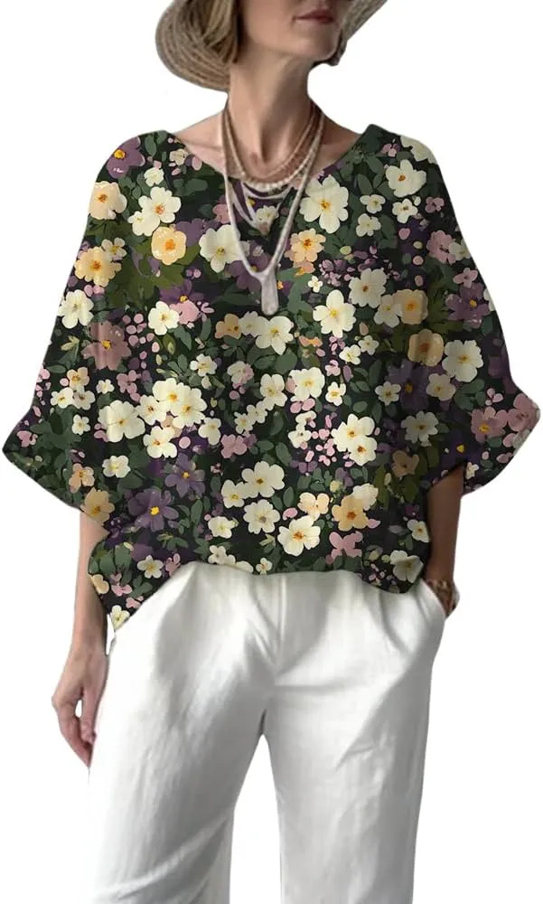 Women's Boho Floral Printed Crewneck Long 3/4 Sleeve Tunic Tops Ladies Summer Casual Daily Cotton Linen Blend Blouse