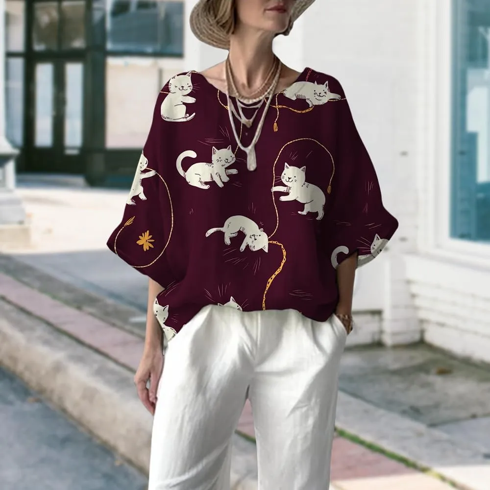Women's Boho Floral Printed Crewneck Long 3/4 Sleeve Tunic Tops Ladies Summer Casual Daily Cotton Linen Blend Blouse