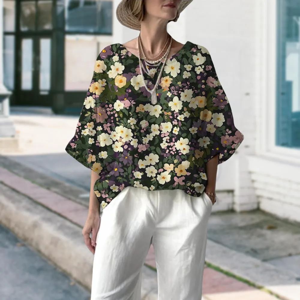 Women's Boho Floral Printed Crewneck Long 3/4 Sleeve Tunic Tops Ladies Summer Casual Daily Cotton Linen Blend Blouse