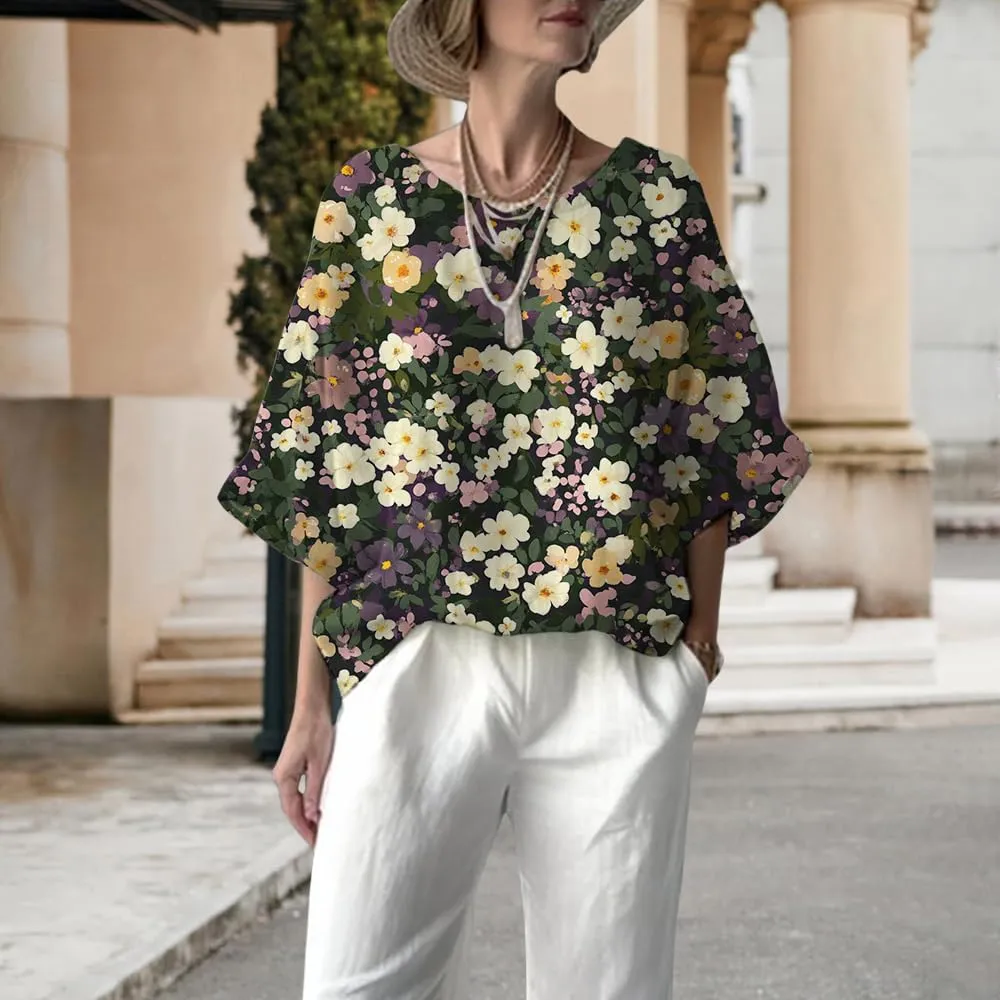 Women's Boho Floral Printed Crewneck Long 3/4 Sleeve Tunic Tops Ladies Summer Casual Daily Cotton Linen Blend Blouse