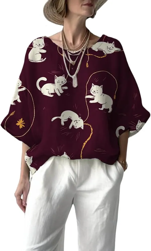 Women's Boho Floral Printed Crewneck Long 3/4 Sleeve Tunic Tops Ladies Summer Casual Daily Cotton Linen Blend Blouse