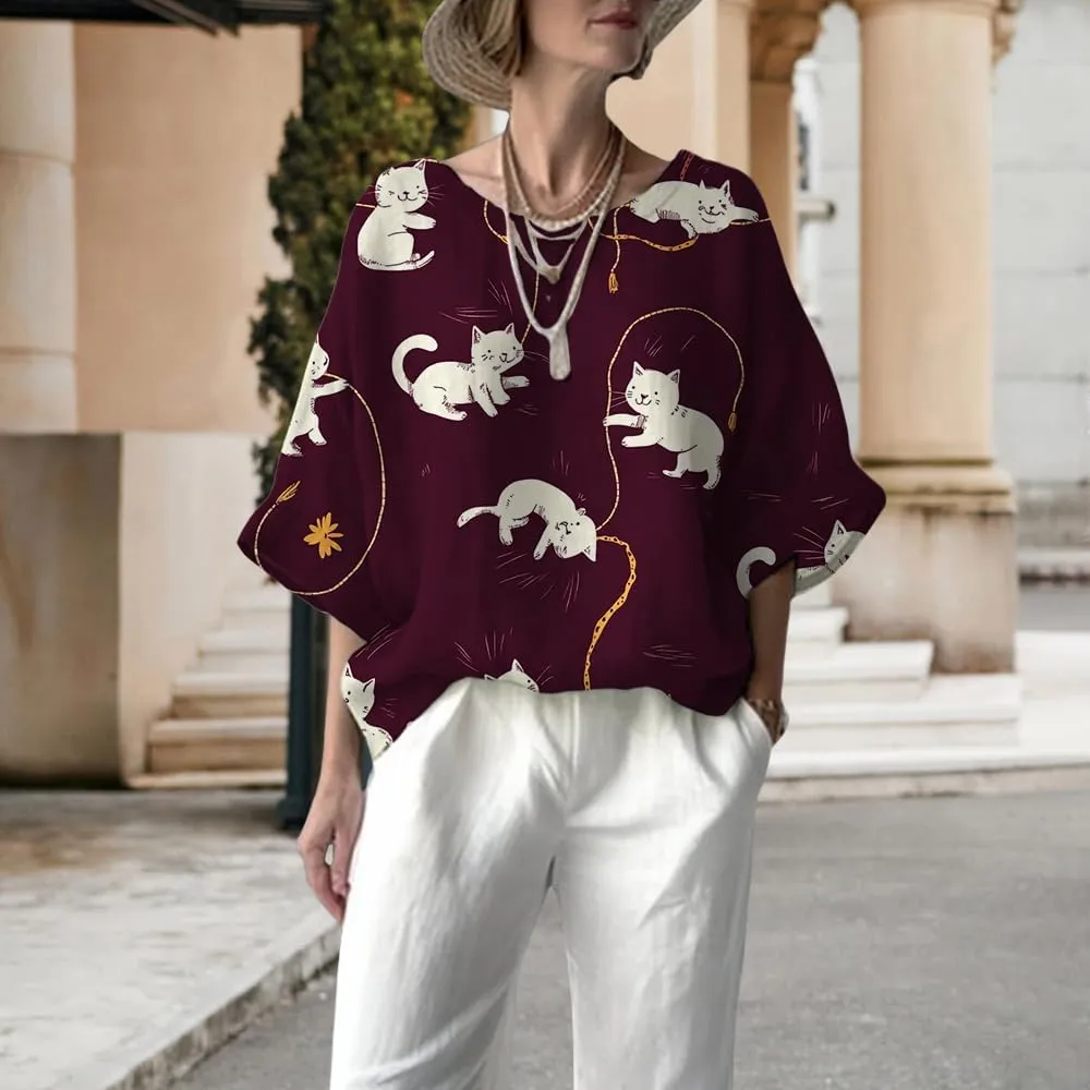 Women's Boho Floral Printed Crewneck Long 3/4 Sleeve Tunic Tops Ladies Summer Casual Daily Cotton Linen Blend Blouse