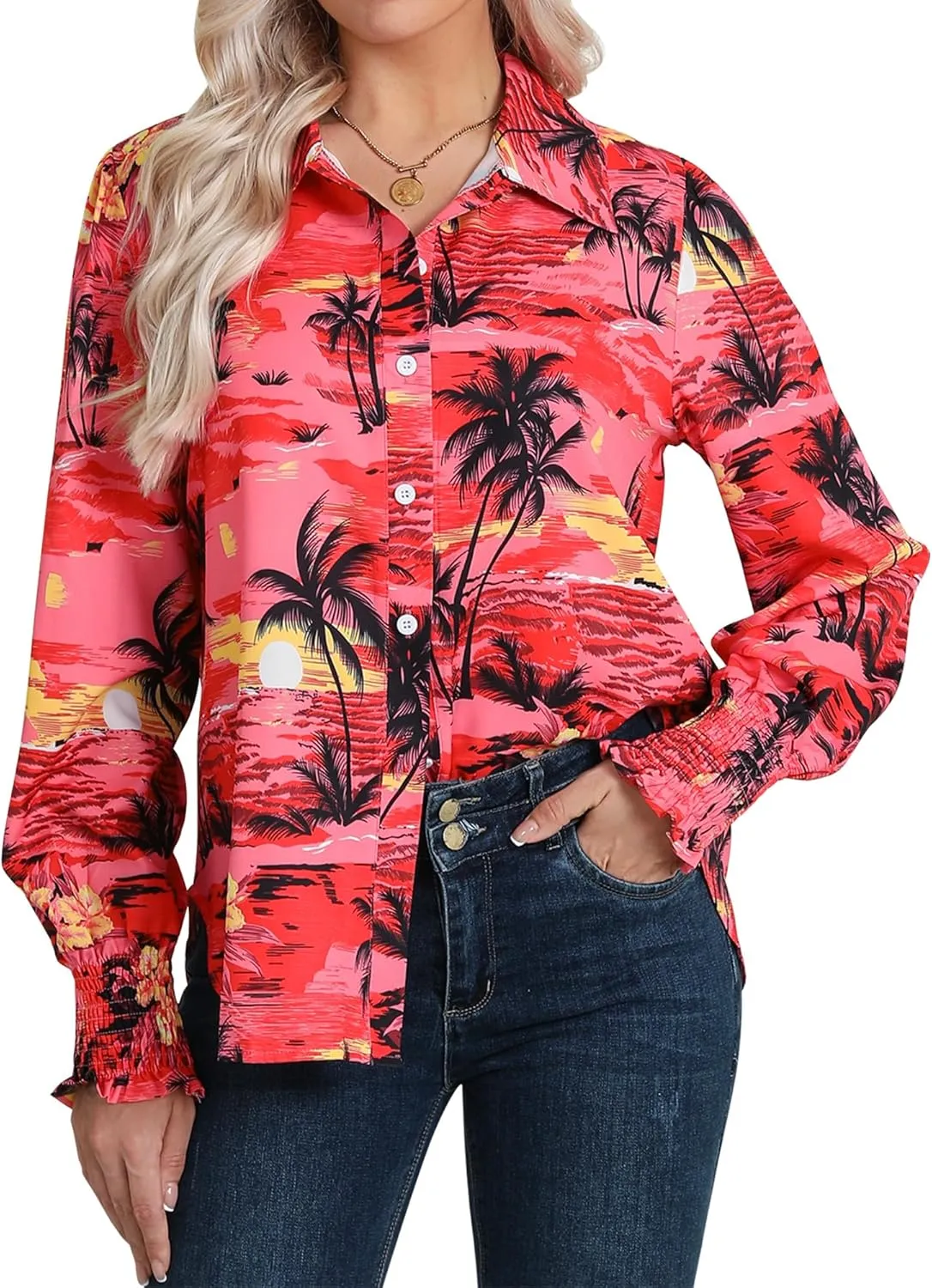Womens Button Down Hawaiian Shirts Puff Long Sleeve Dressy Casual Floral Printed T-Shirt Trendy V Neck Comfy Boho Blouse Tops