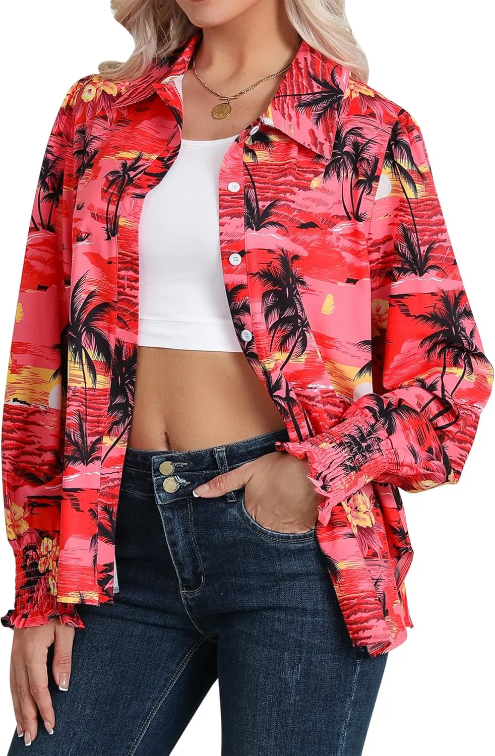 Womens Button Down Hawaiian Shirts Puff Long Sleeve Dressy Casual Floral Printed T-Shirt Trendy V Neck Comfy Boho Blouse Tops
