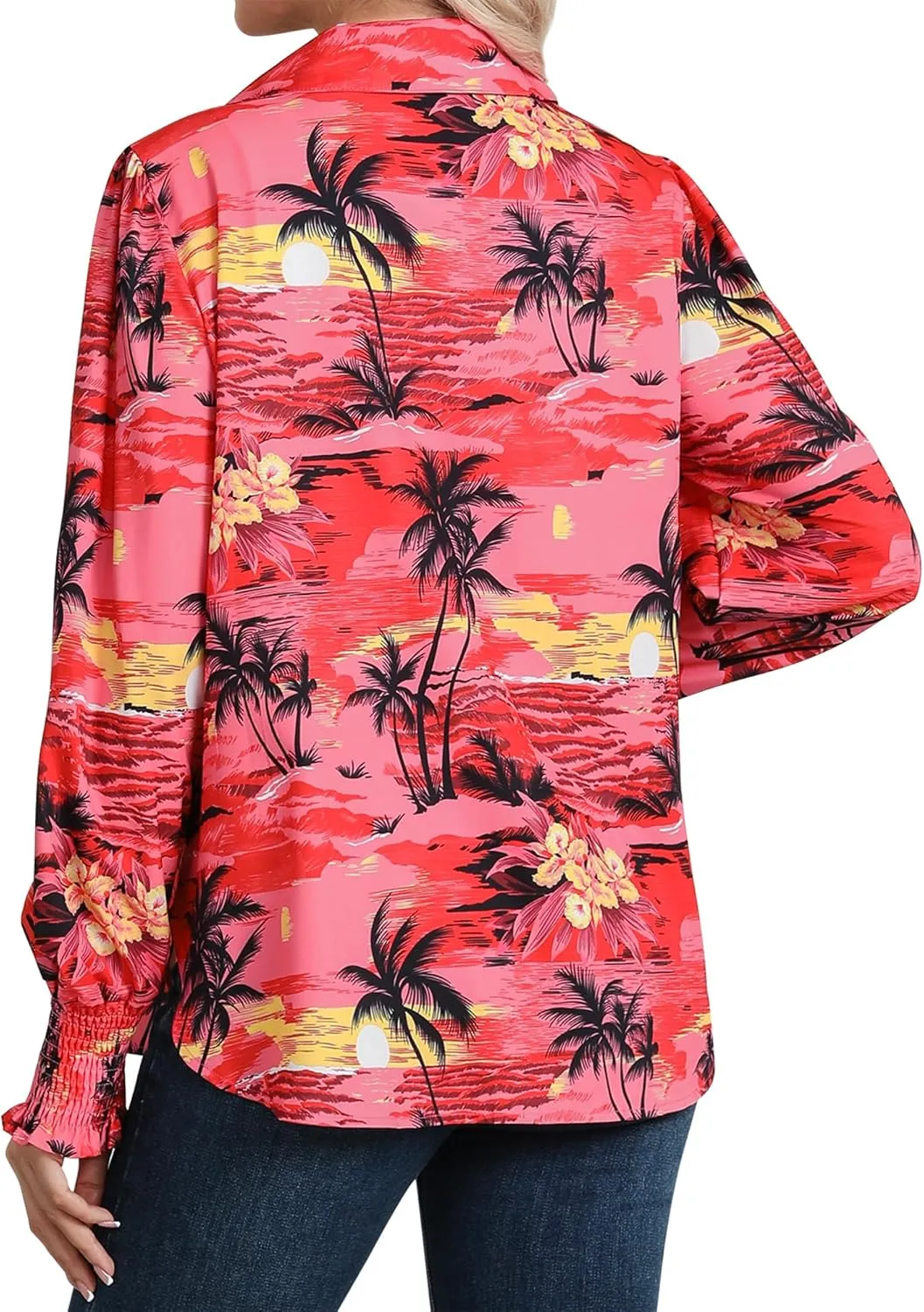 Womens Button Down Hawaiian Shirts Puff Long Sleeve Dressy Casual Floral Printed T-Shirt Trendy V Neck Comfy Boho Blouse Tops