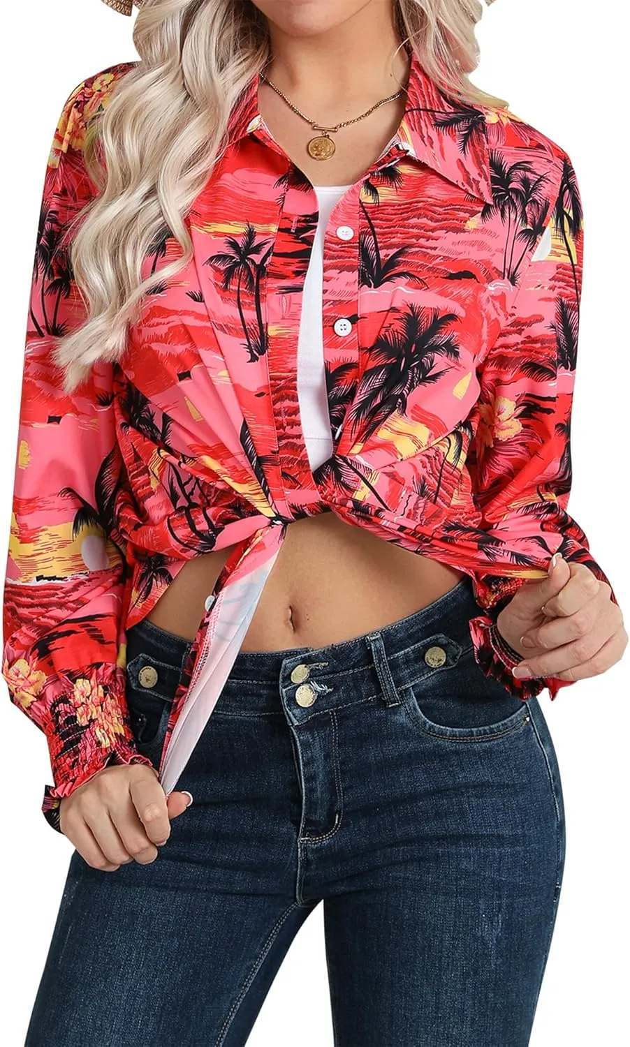 Womens Button Down Hawaiian Shirts Puff Long Sleeve Dressy Casual Floral Printed T-Shirt Trendy V Neck Comfy Boho Blouse Tops
