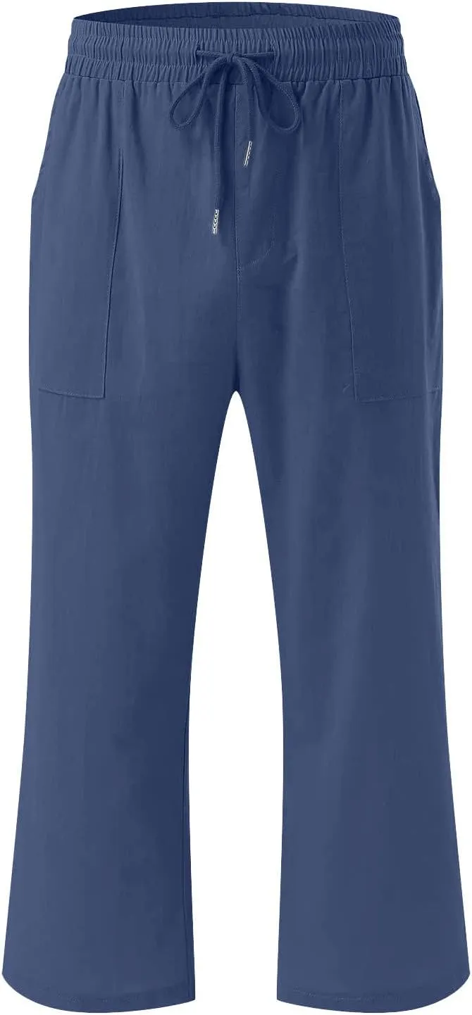 Womens Capri Pants Summer Cotton Linen Casual Pants Elastic Waist Beach Vacation Lounge Cropped Pants with Pockets