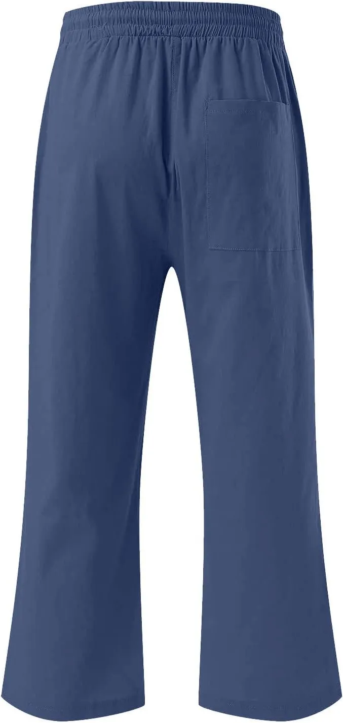 Womens Capri Pants Summer Cotton Linen Casual Pants Elastic Waist Beach Vacation Lounge Cropped Pants with Pockets