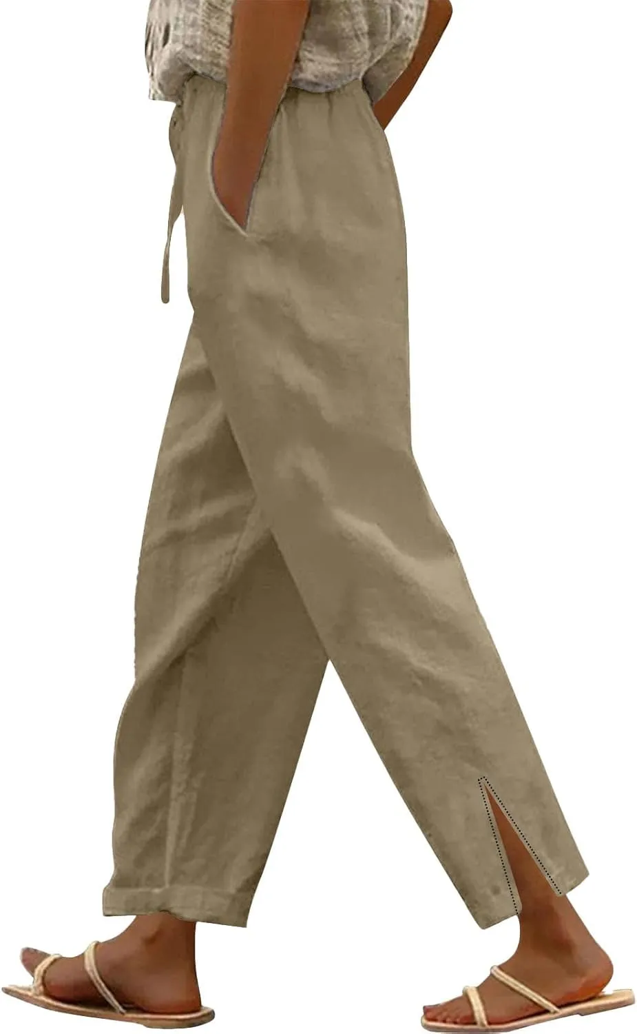 Womens Casual Cotton Linen Pants High Waist Drawstring Loose Fit Summer Spring Straight Leg Trousers with Pockets