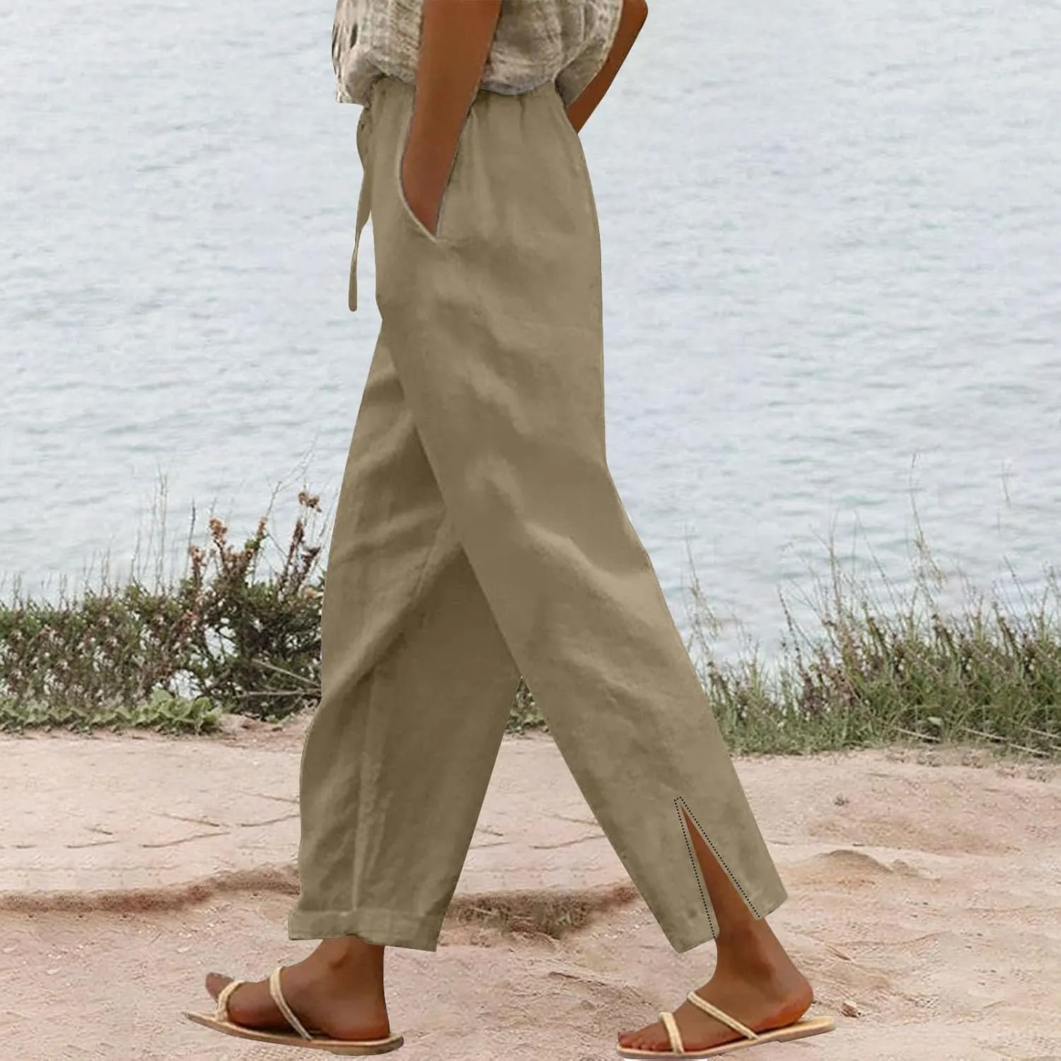 Womens Casual Cotton Linen Pants High Waist Drawstring Loose Fit Summer Spring Straight Leg Trousers with Pockets