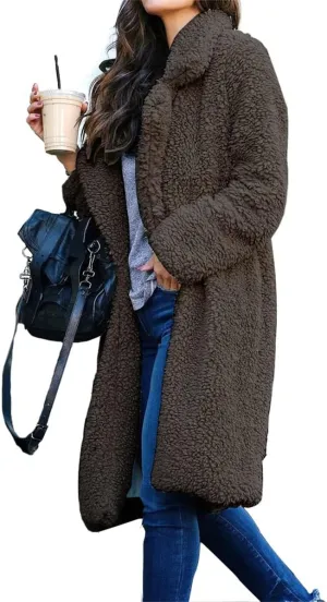 Womens Casual Fuzzy Fleece Long Jackets Zip Up Trench Coats Long Sleeve Lapel Cardigan Fall Winter Warm Outerwear