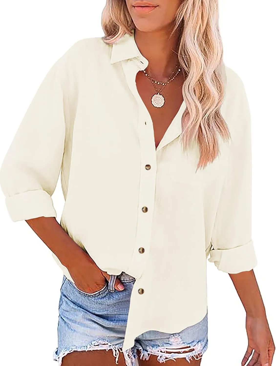 Womens Casual Linen Cotton Button Down Long Sleeve Shirts V-Neck Collared Work Summer Blouse Tops with Pockets