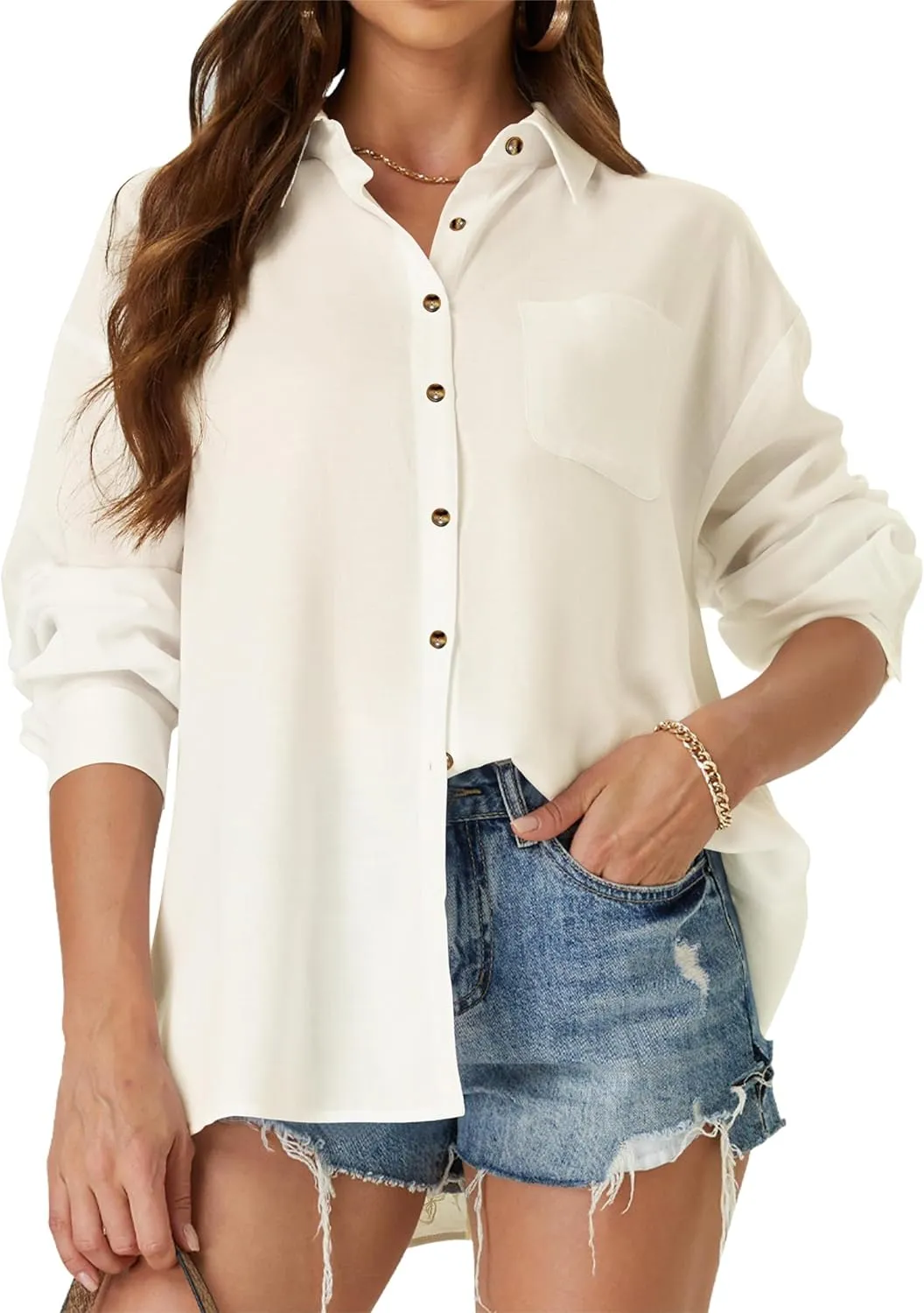 Womens Casual Linen Cotton Button Down Long Sleeve Shirts V-Neck Collared Work Summer Blouse Tops with Pockets