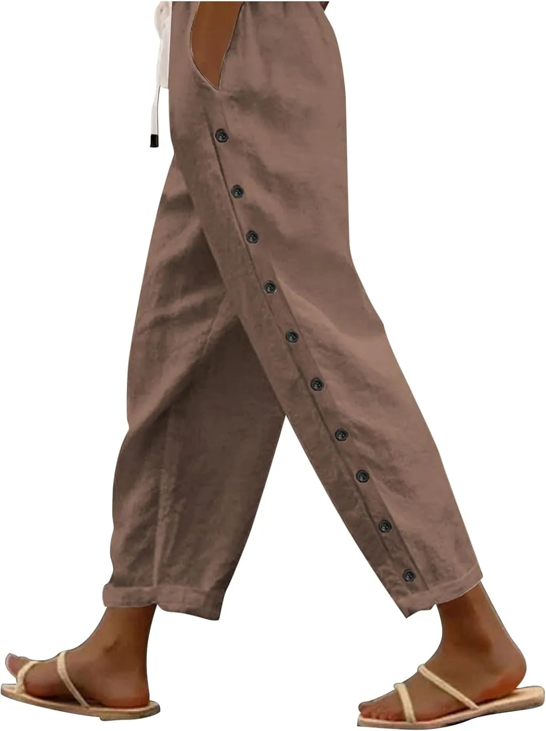 Womens Casual Pants Side Button Summer Trendy Linen Pant Drawstring Elastic Waist Straight Leg Baggy Cropped Trousers