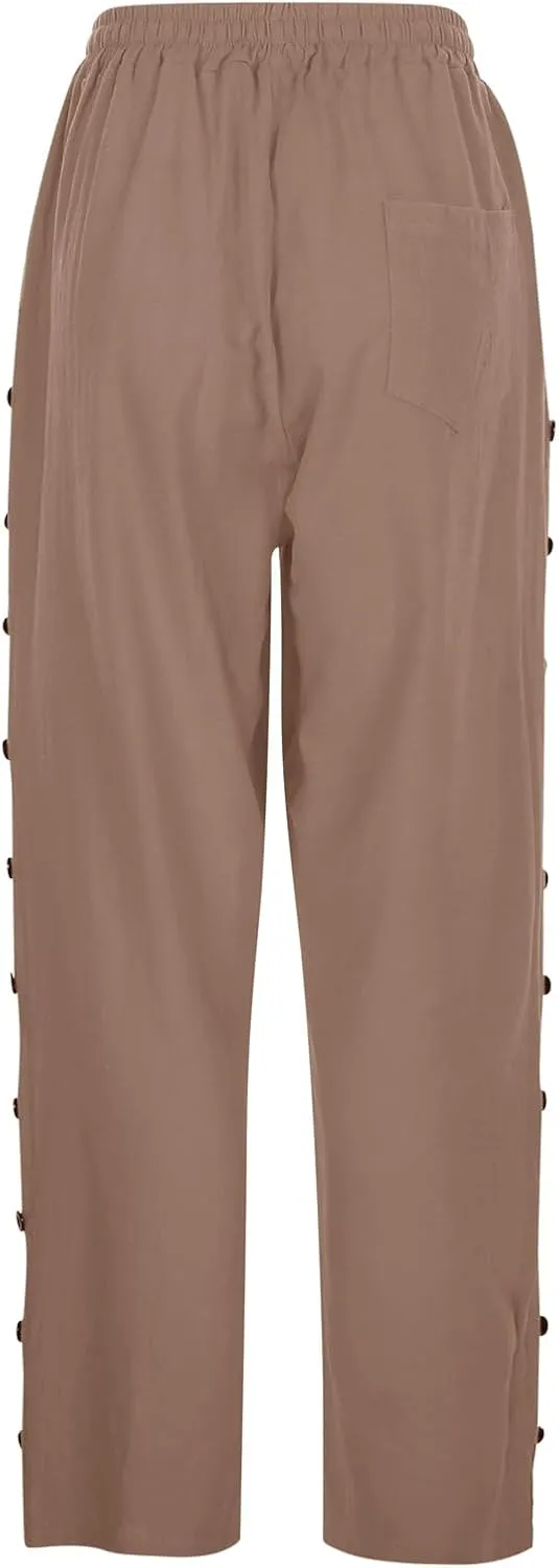 Womens Casual Pants Side Button Summer Trendy Linen Pant Drawstring Elastic Waist Straight Leg Baggy Cropped Trousers