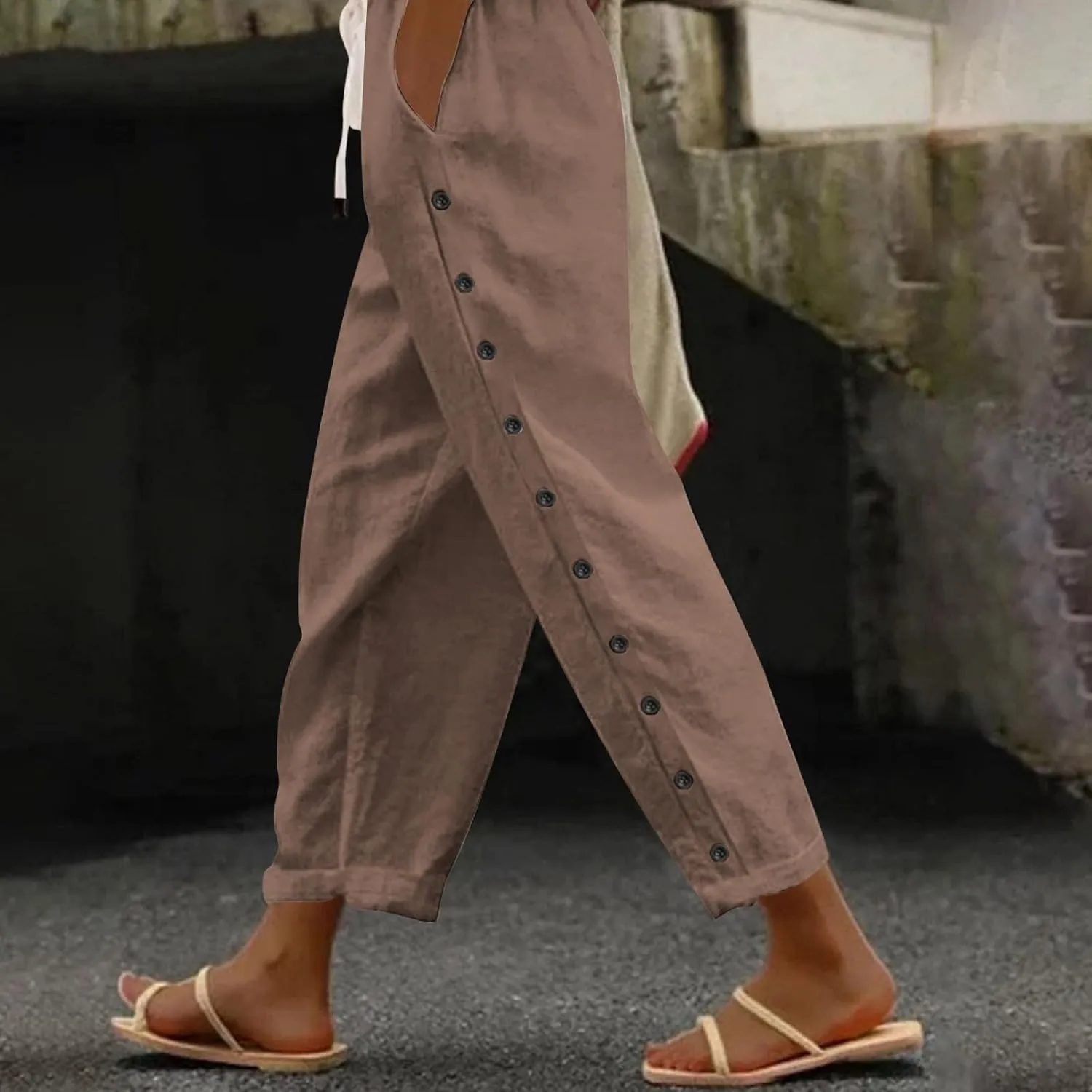 Womens Casual Pants Side Button Summer Trendy Linen Pant Drawstring Elastic Waist Straight Leg Baggy Cropped Trousers
