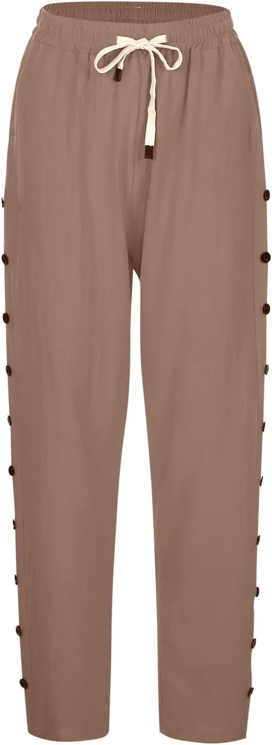 Womens Casual Pants Side Button Summer Trendy Linen Pant Drawstring Elastic Waist Straight Leg Baggy Cropped Trousers