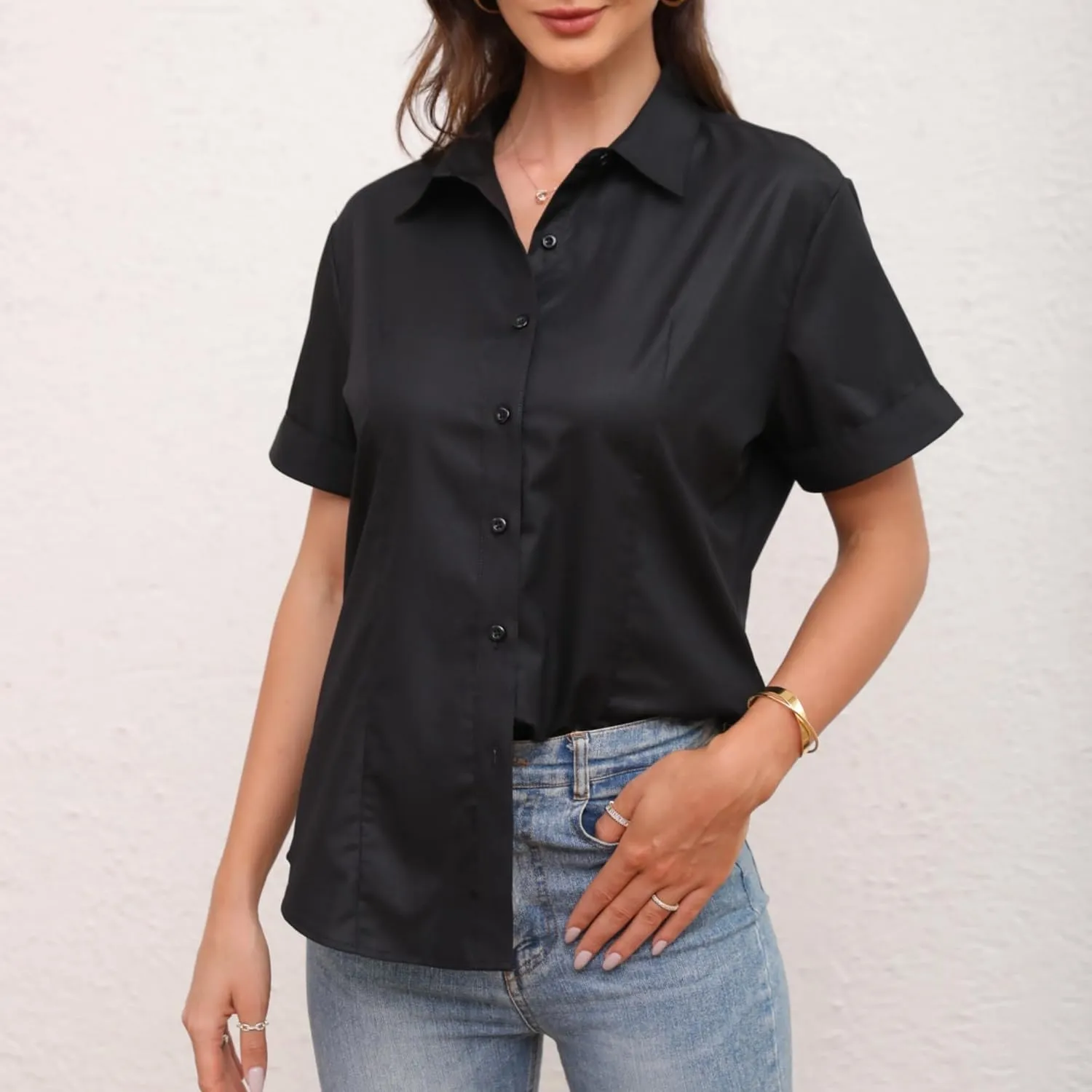 Womens Classic Fit Dress Shirt, White Button Down Shirt for Women, Wrinkle Free Collared Blouse, Dressy Casual Work Tops