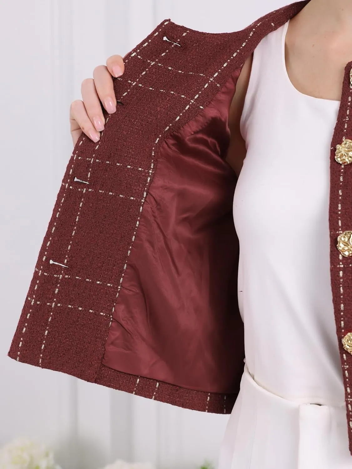 Women's Collarless Blazer Plaid Button Front Crop Tweed Jacket