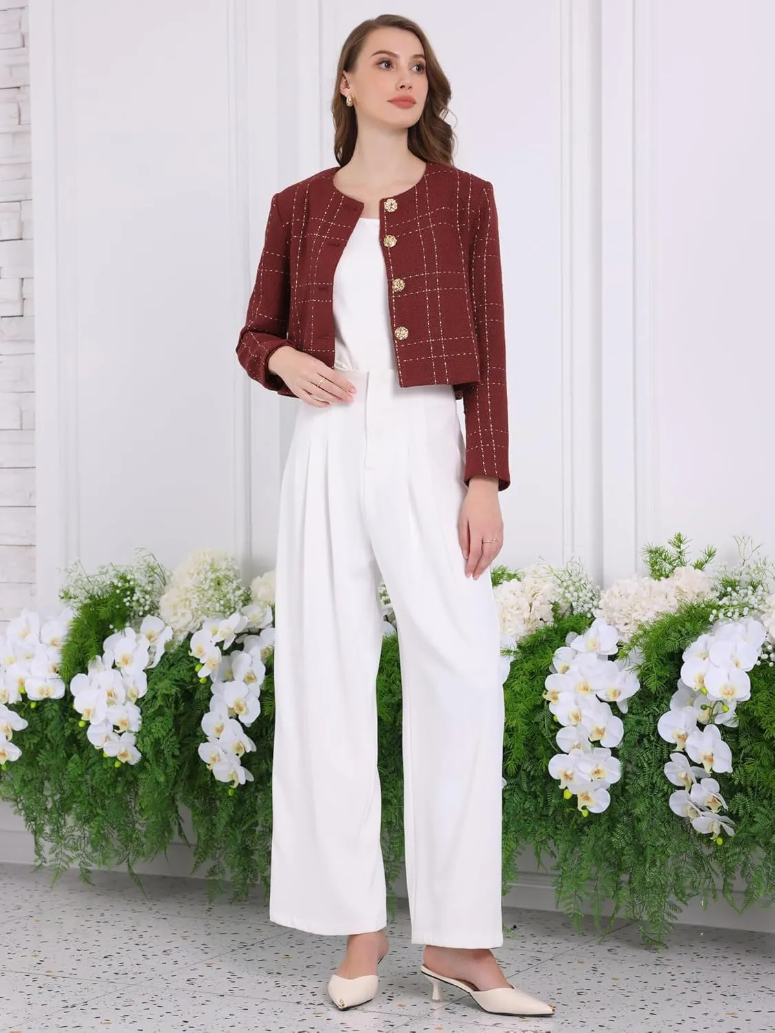 Women's Collarless Blazer Plaid Button Front Crop Tweed Jacket