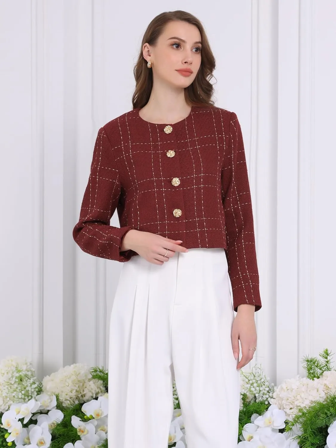 Women's Collarless Blazer Plaid Button Front Crop Tweed Jacket
