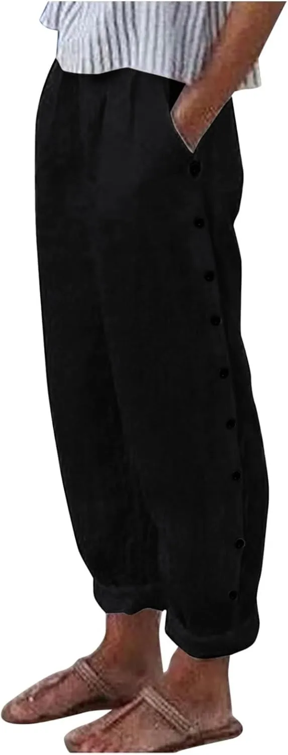 Women's Cotton Linen Capri Pants Casual Summer High Waist Baggy Wide Leg Lounge Trousers with Pockets Plus Size Beach