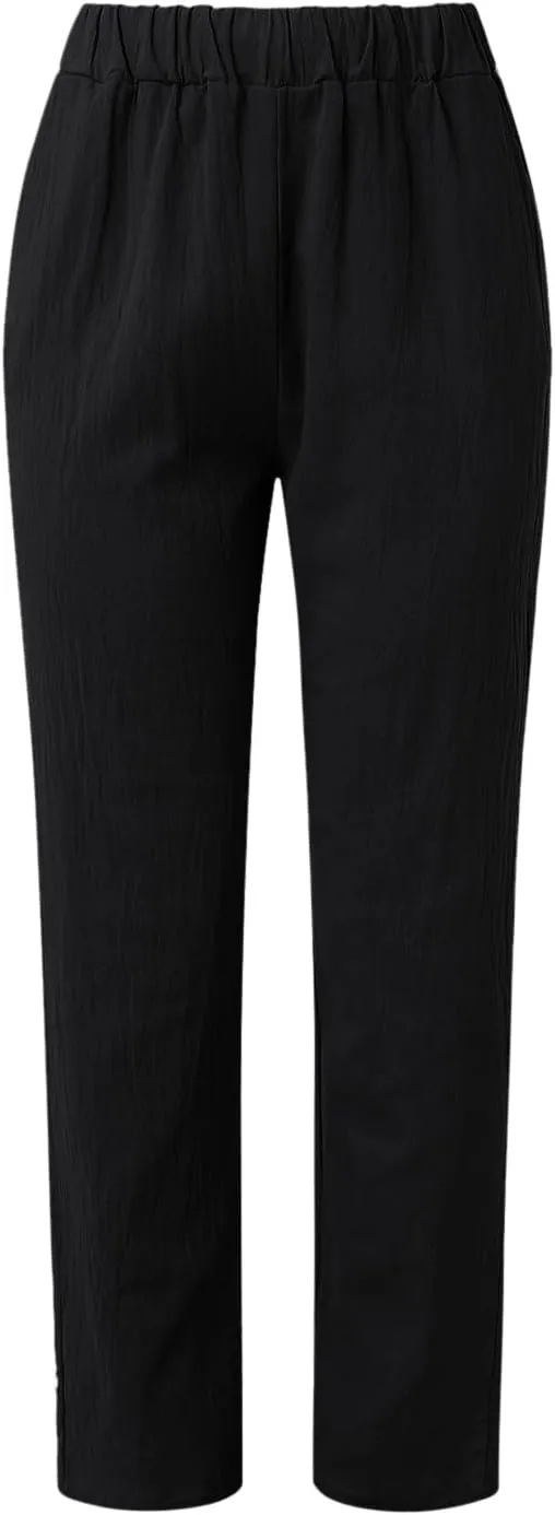 Women's Cotton Linen Capri Pants Casual Summer High Waist Baggy Wide Leg Lounge Trousers with Pockets Plus Size Beach