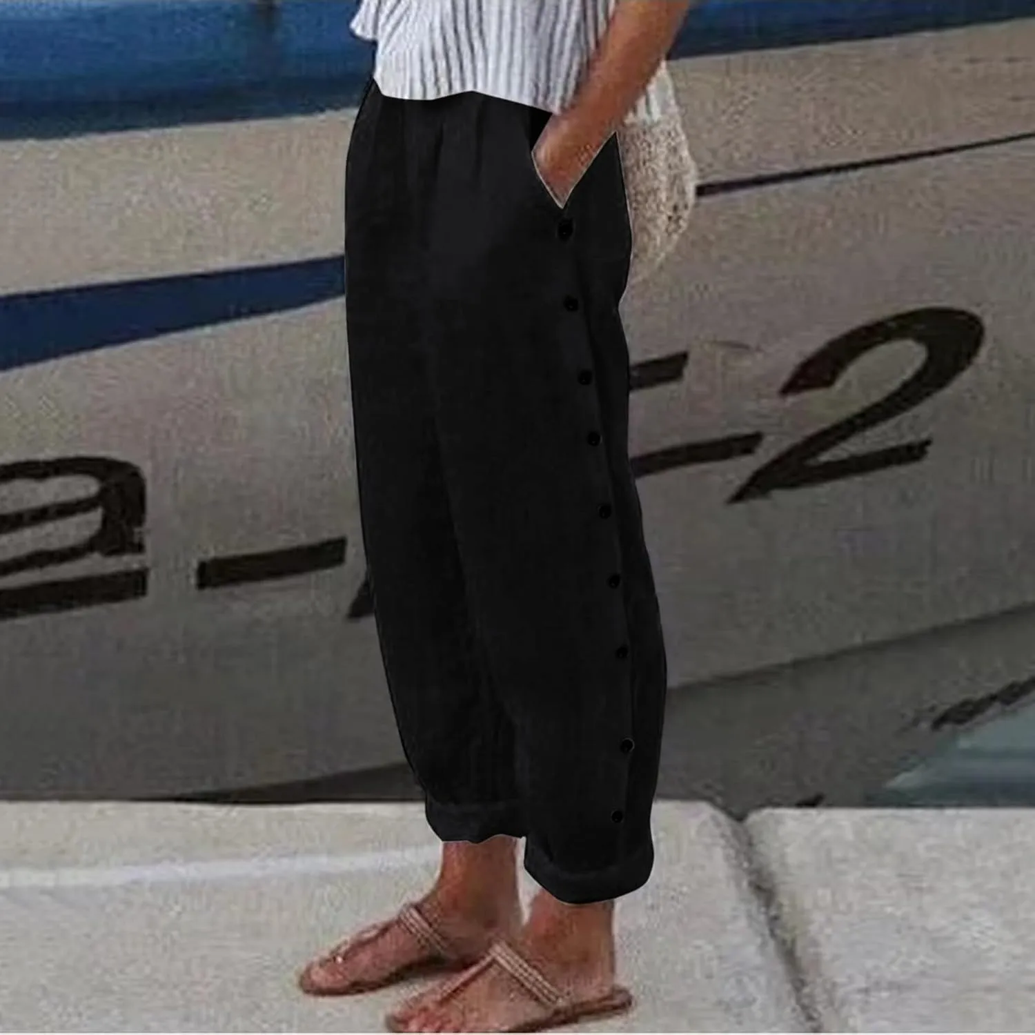 Women's Cotton Linen Capri Pants Casual Summer High Waist Baggy Wide Leg Lounge Trousers with Pockets Plus Size Beach
