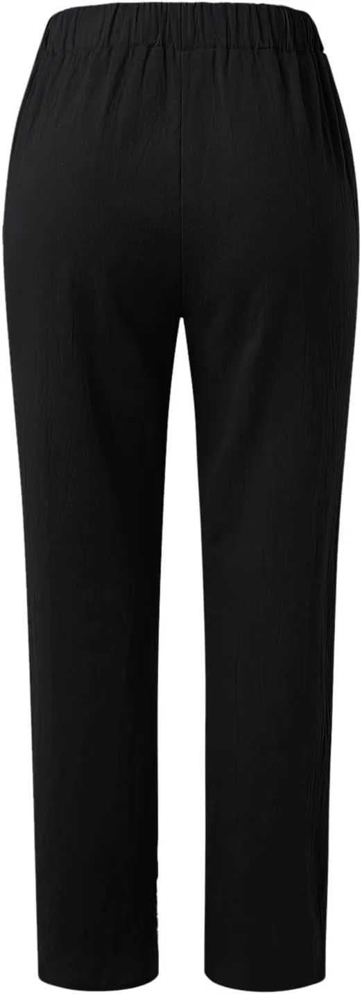 Women's Cotton Linen Capri Pants Casual Summer High Waist Baggy Wide Leg Lounge Trousers with Pockets Plus Size Beach