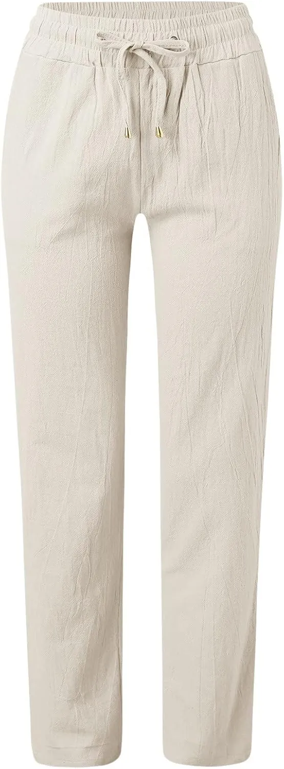 Womens Cotton Linen Casual Pants Straight Leg Drawstring Elastic High Waist Loose Comfy Palazzo Trousers with Pockets