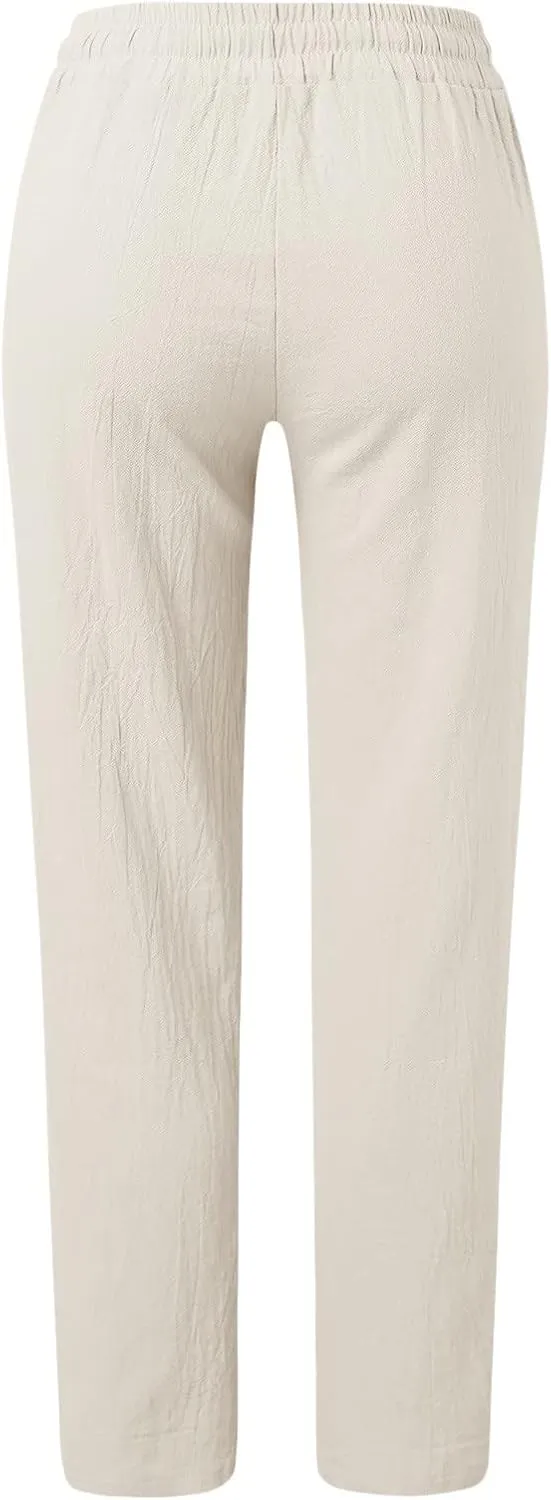 Womens Cotton Linen Casual Pants Straight Leg Drawstring Elastic High Waist Loose Comfy Palazzo Trousers with Pockets