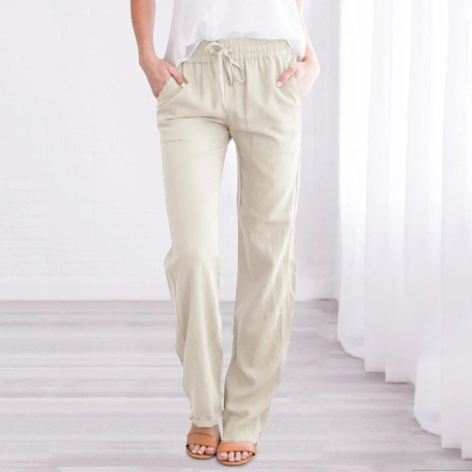 Womens Cotton Linen Casual Pants Straight Leg Drawstring Elastic High Waist Loose Comfy Palazzo Trousers with Pockets