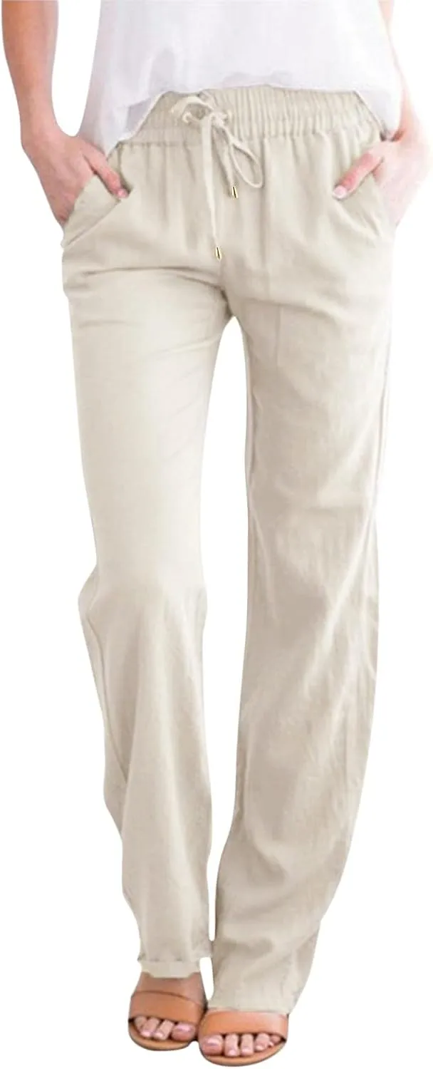 Womens Cotton Linen Casual Pants Straight Leg Drawstring Elastic High Waist Loose Comfy Palazzo Trousers with Pockets