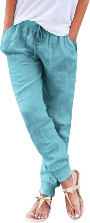 Womens Cotton Linen Jogger Pants Tapered Leg Summer Casual Back Elastic Waist Beach Pants Drawstring Trousers with Pockets