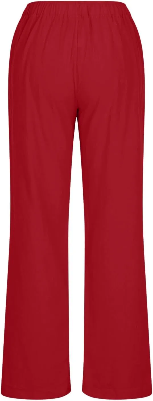 Women's Cotton Linen Pants Drawstring High Waisted Pants Casual Loose Fit Elastic Wasit 2024 Comfy Wide Leg Trousers