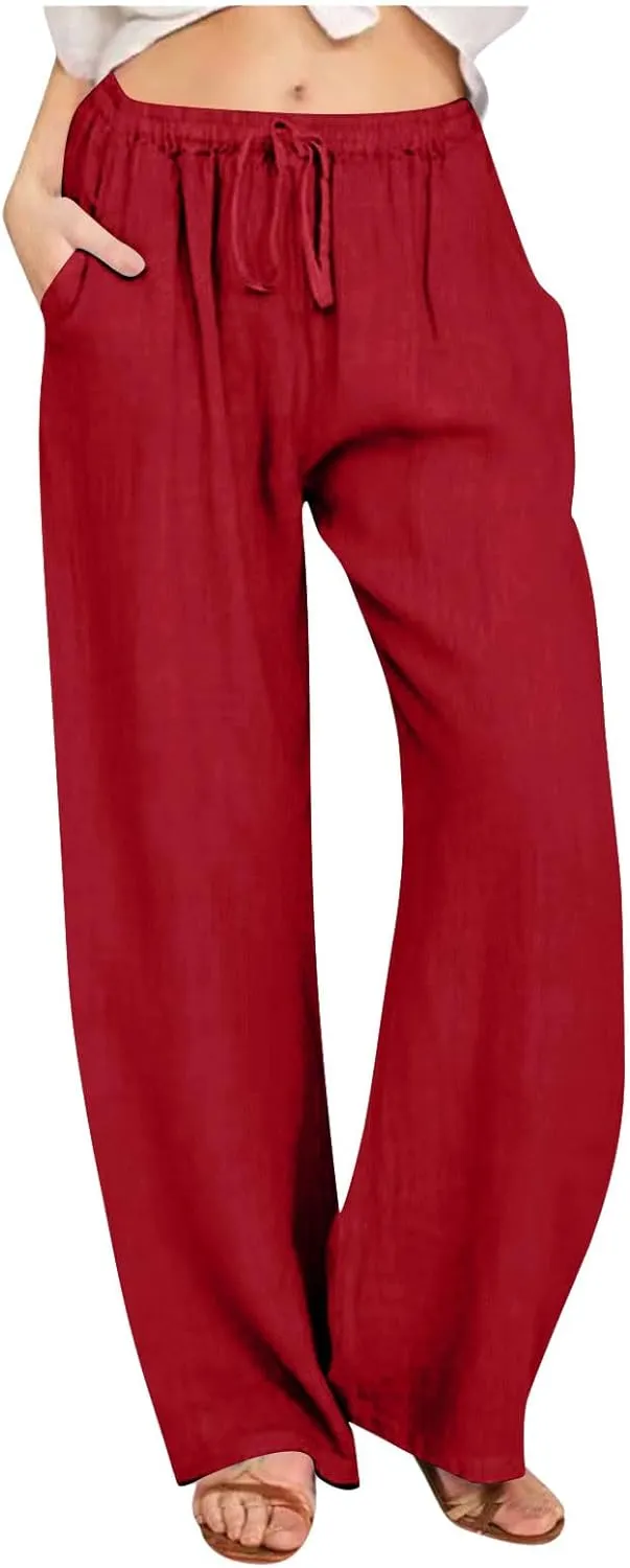 Women's Cotton Linen Pants Drawstring High Waisted Pants Casual Loose Fit Elastic Wasit 2024 Comfy Wide Leg Trousers