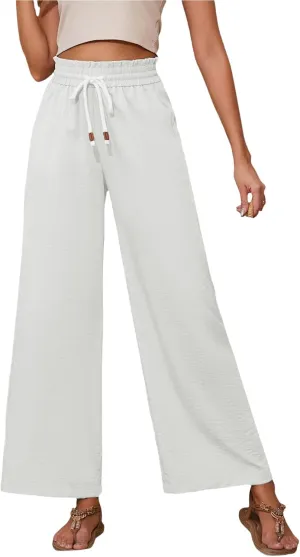 Women's Cotton Linen Pants High Waist Drawstring Wide Leg Trousers with Pockets Summer Loose Casual Pants for Women