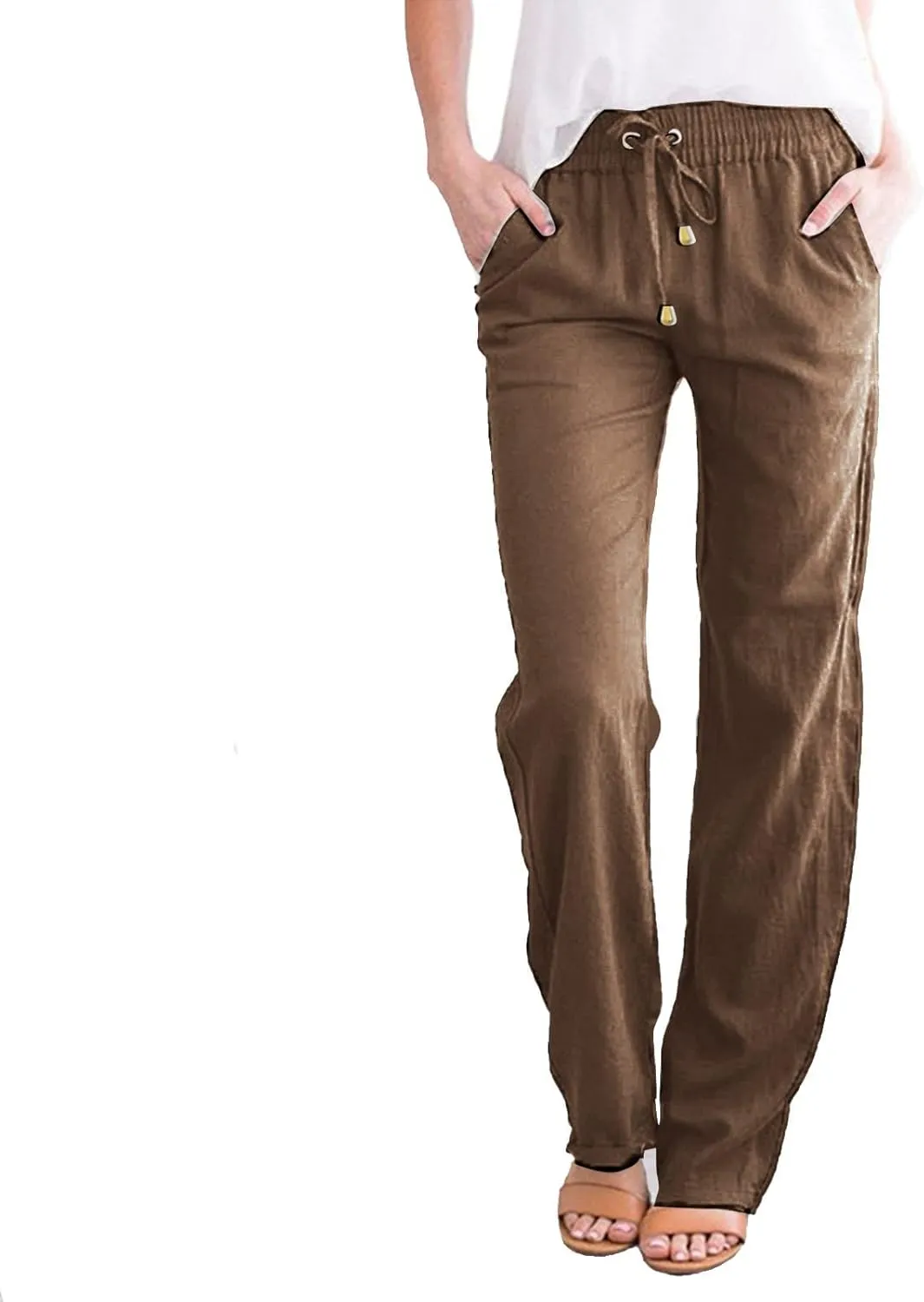 Women's Cotton Linen Pants High Waisted Drawstring Wide Leg Pants with Pockets Summer Casual Loose Trousers for Women