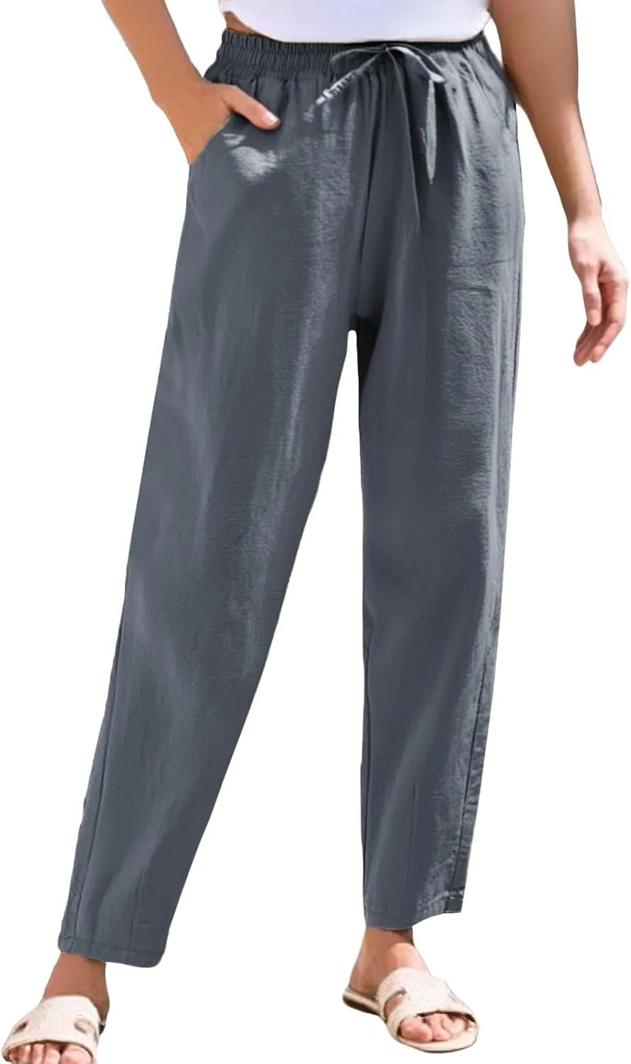 Women's Cotton Linen Straight Leg Pants Elastic Drawstring Casual Trousers with Pockets Summer Pants for Women