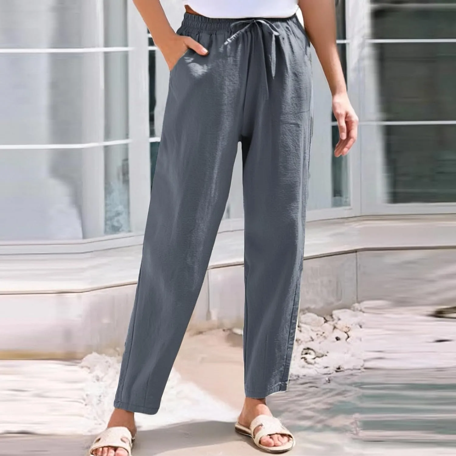 Women's Cotton Linen Straight Leg Pants Elastic Drawstring Casual Trousers with Pockets Summer Pants for Women
