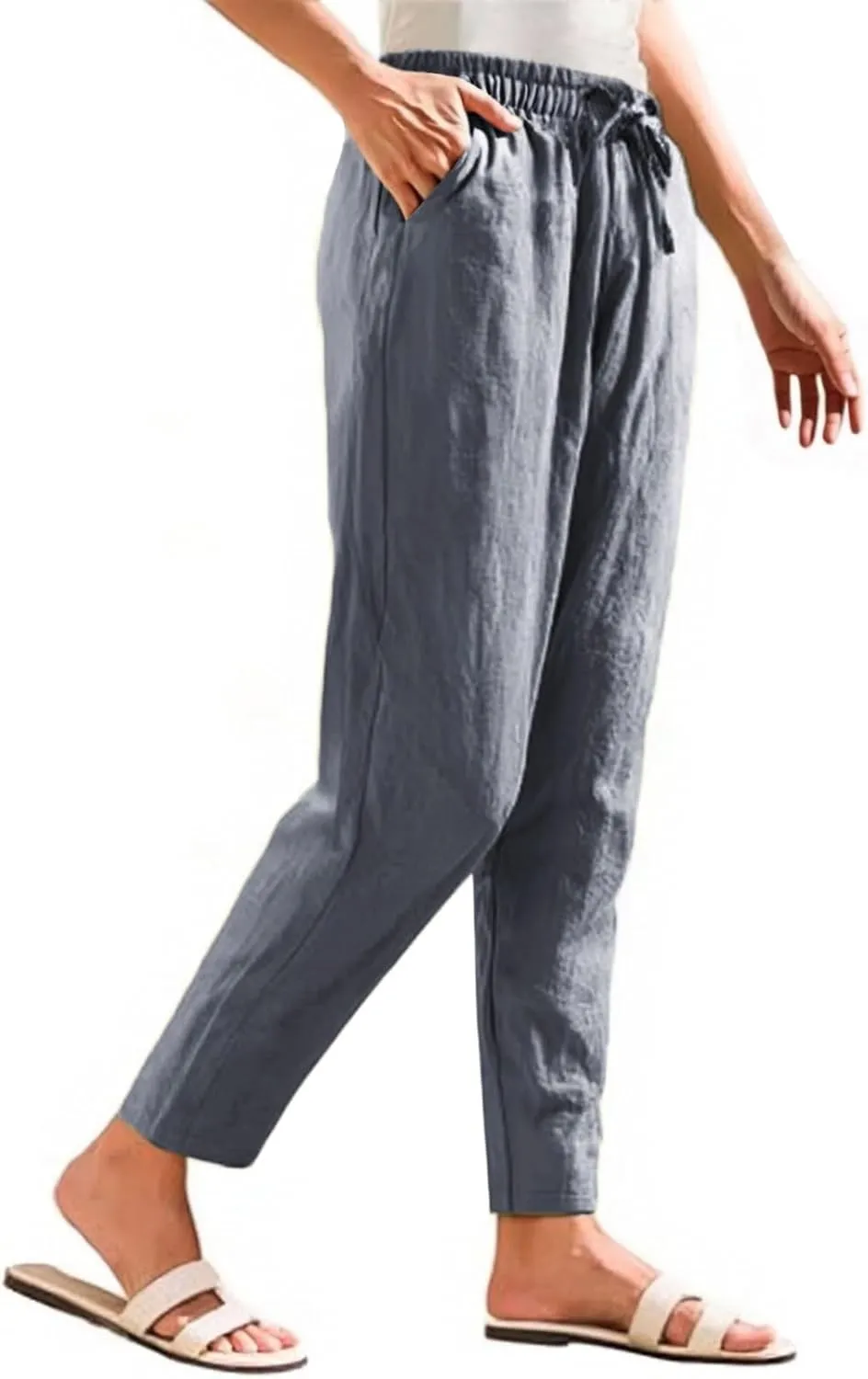Women's Cotton Linen Straight Leg Pants Elastic Drawstring Casual Trousers with Pockets Summer Pants for Women
