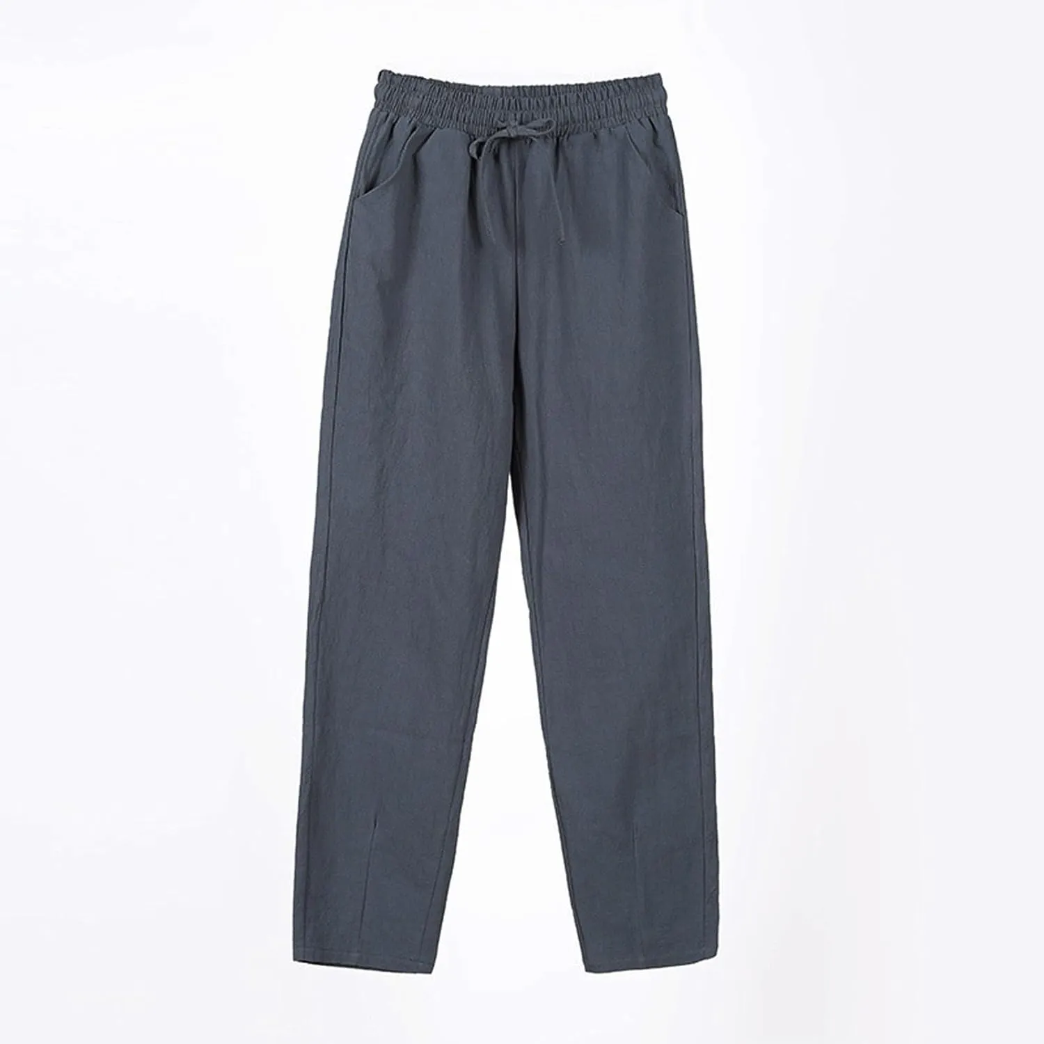 Women's Cotton Linen Straight Leg Pants Elastic Drawstring Casual Trousers with Pockets Summer Pants for Women