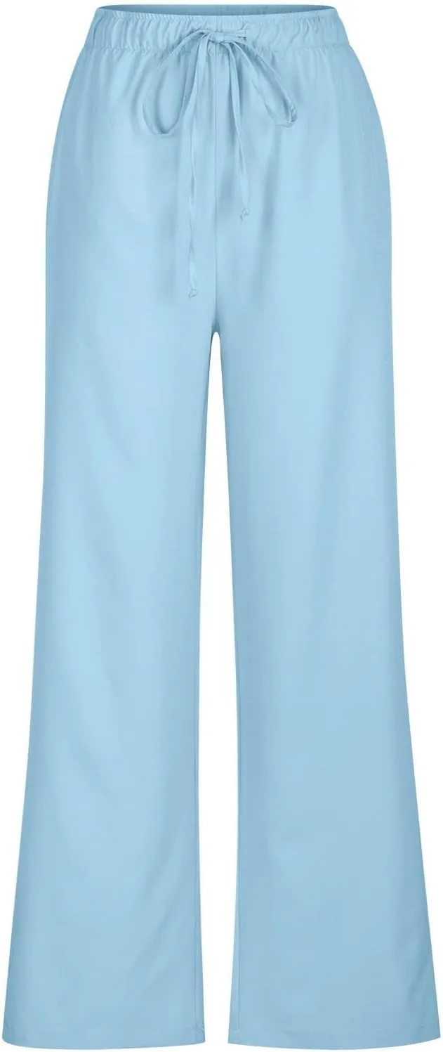 Womens Cotton Linen Trousers High Waisted Drawstring Wide Leg Pants with Pockets Casual Loose Sweatpants for Women