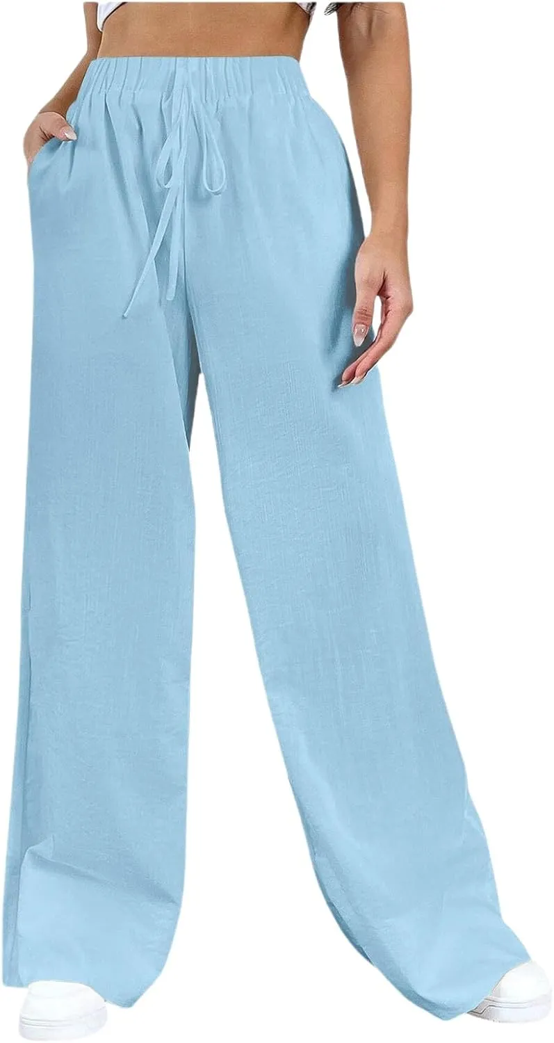 Womens Cotton Linen Trousers High Waisted Drawstring Wide Leg Pants with Pockets Casual Loose Sweatpants for Women