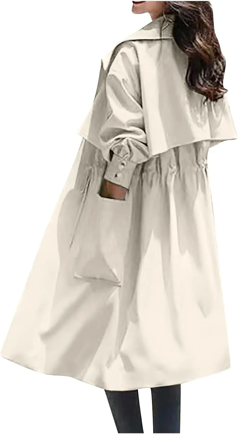 Women's Double-Breasted Trench Coat 2024 Fall Winter Long Overcoat Slim Fit Drawstring Outerwear Coat with Pocket