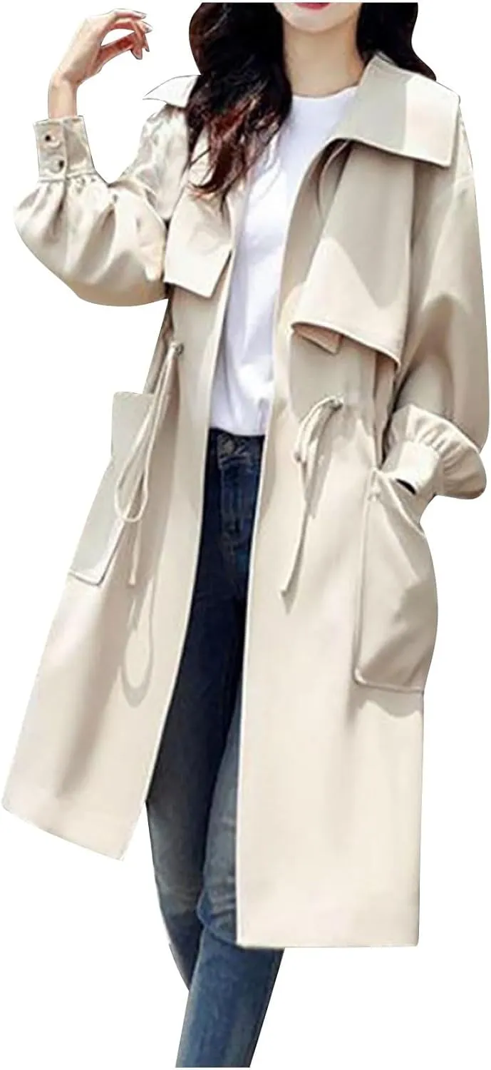Women's Double-Breasted Trench Coat 2024 Fall Winter Long Overcoat Slim Fit Drawstring Outerwear Coat with Pocket