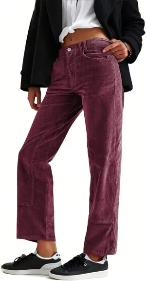 Women's Dressy Corduroy Pants Spring Vintage Straight Leg Work Pant Button High Waist Casual Loose Outdoor Trousers