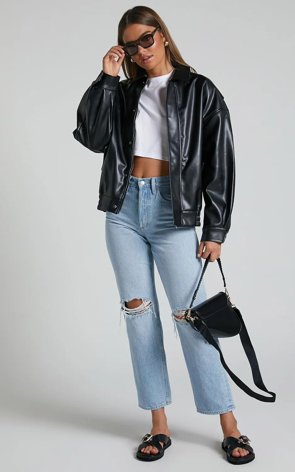 Women's Faux Leather Jacket Zip Up Short Fitted Slim Coat Bomber Jacket Women